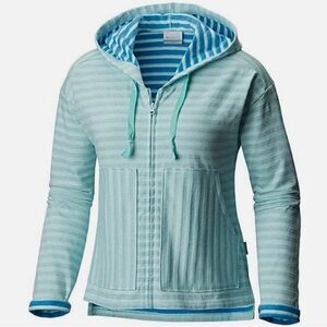 Columbia Womens L Melody Jacket Hood Blue Fleece Lined Striped Full Zip Pockets